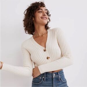 Madewell Brenville Crop Cardigan Wool Blend Sweater in Antique Cream Ribbed XS